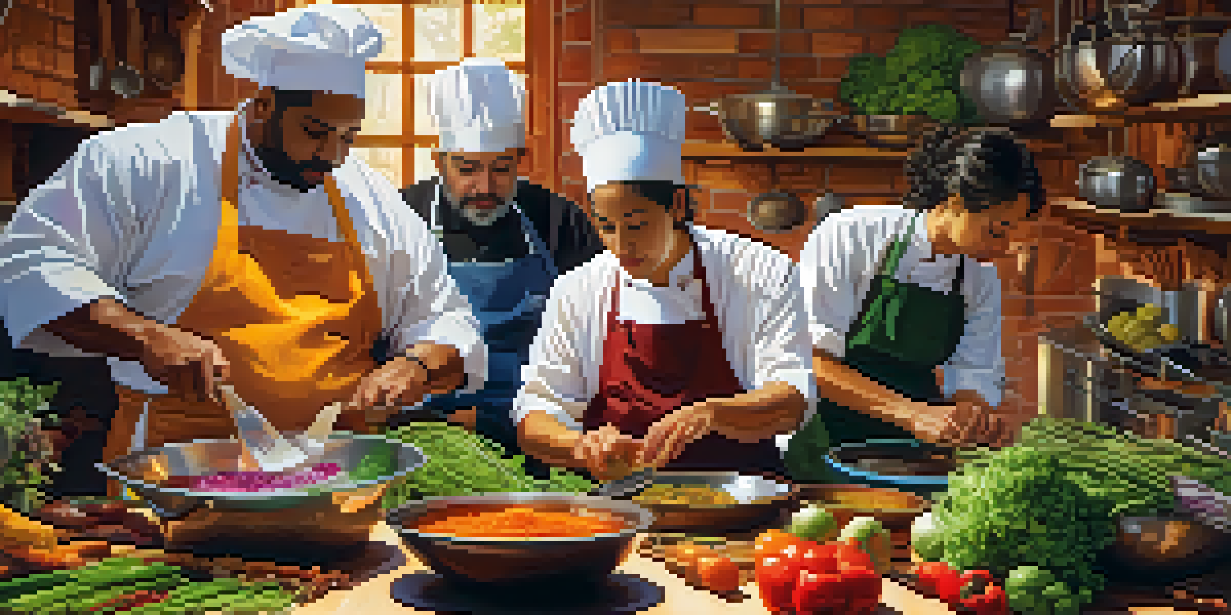 A diverse group of vegan chefs working together in a bright kitchen, preparing colorful dishes with fresh vegetables and spices.