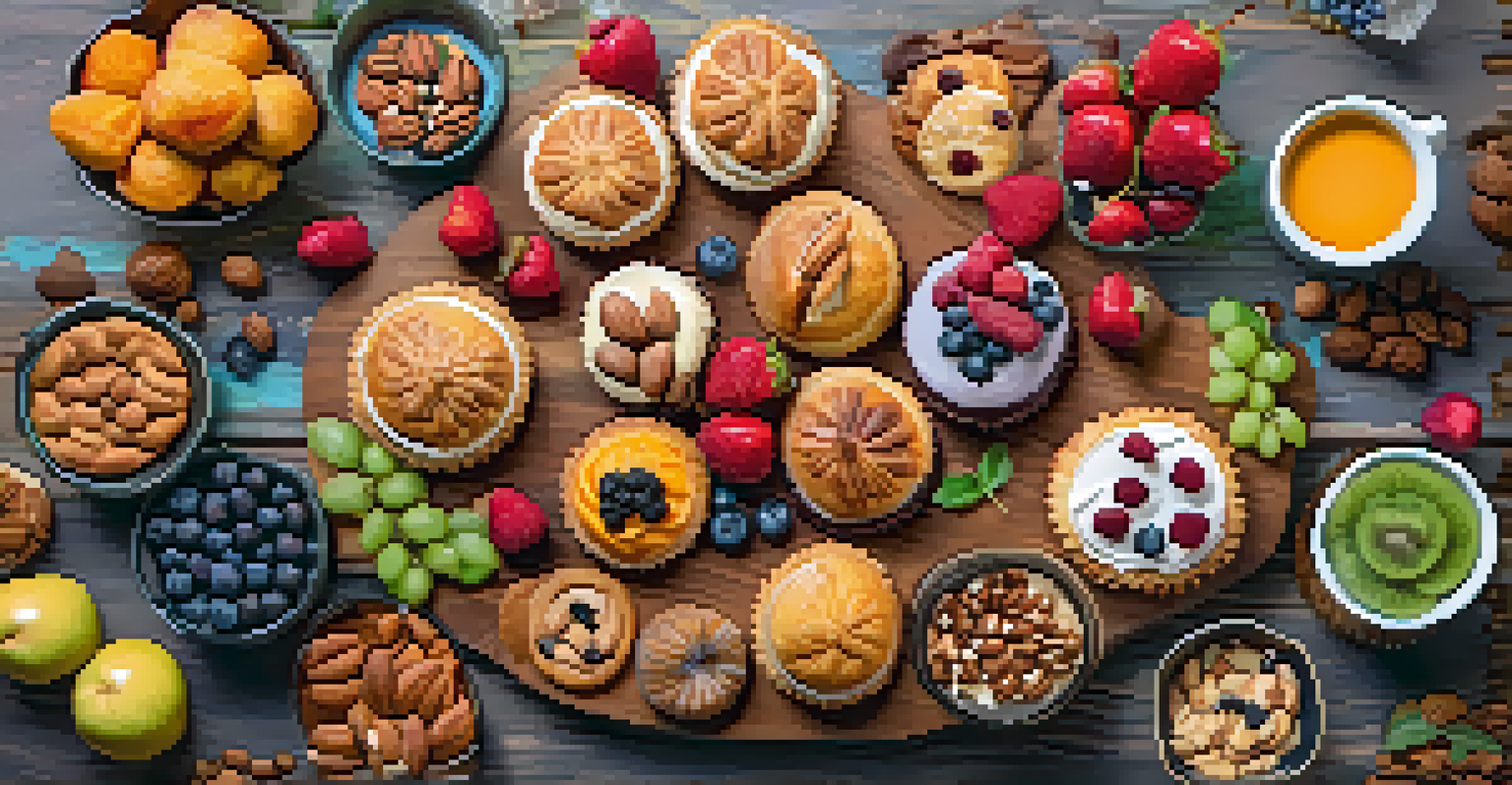 An overhead view of a platter filled with assorted vegan pastries, including muffins and cookies, garnished with fresh fruits and nuts against a rustic wooden background.