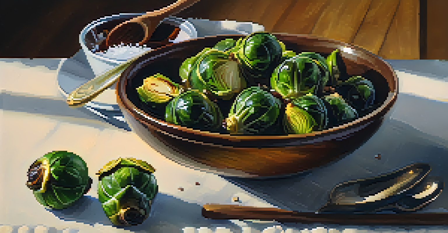 A bowl of roasted Brussels sprouts with balsamic vinegar and a dish of maple syrup on a wooden table.