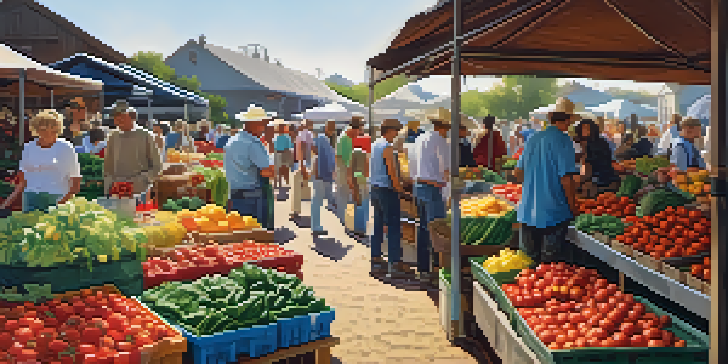 A bustling farmer's market with colorful fruits and vegetables in wooden stalls, and people interacting with farmers under soft morning light.