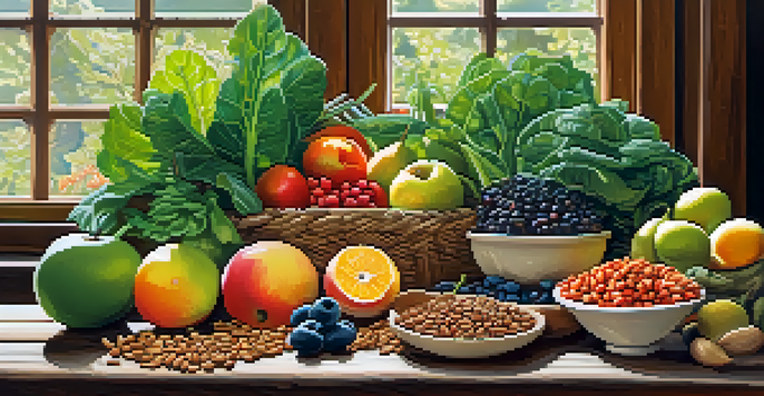 A colorful arrangement of plant-based foods including fruits, vegetables, legumes, and nuts on a wooden table, illuminated by soft natural light.