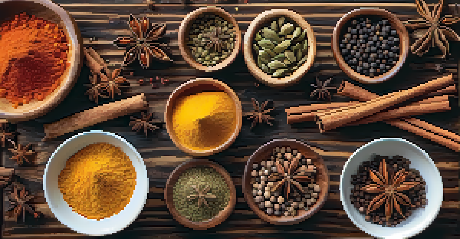 An overhead view of a wooden table with whole and ground spices arranged beautifully.