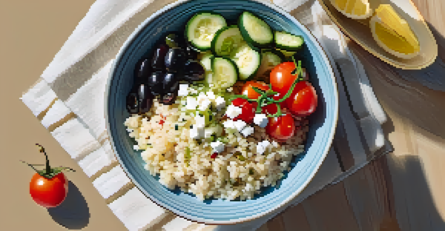 An overhead view of a Mediterranean grain bowl with brown rice, vegetables, olives, and feta cheese.