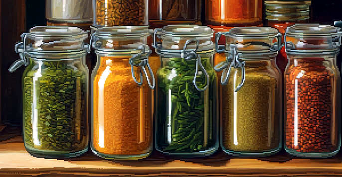 An assortment of colorful spices in glass jars on a wooden kitchen counter, with fresh herbs nearby and warm natural light illuminating the scene.