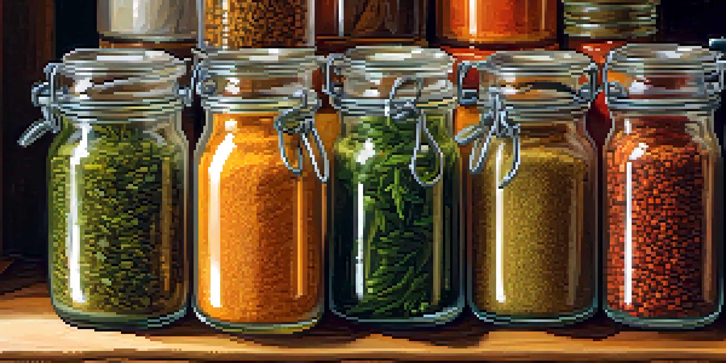 An assortment of colorful spices in glass jars on a wooden kitchen counter, with fresh herbs nearby and warm natural light illuminating the scene.