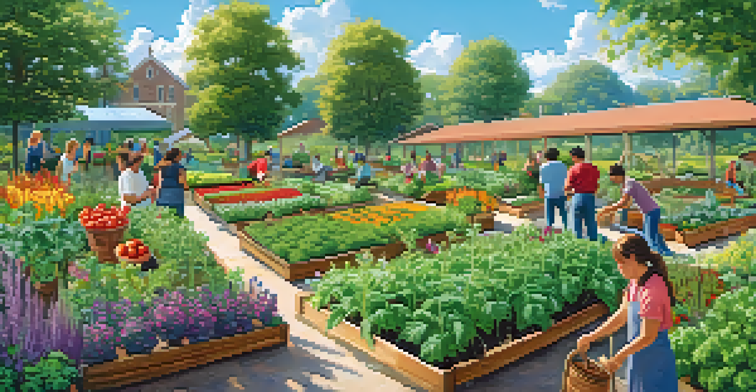 A community garden filled with diverse vegetables and people gardening under a clear sky, showcasing a vibrant and lush environment.