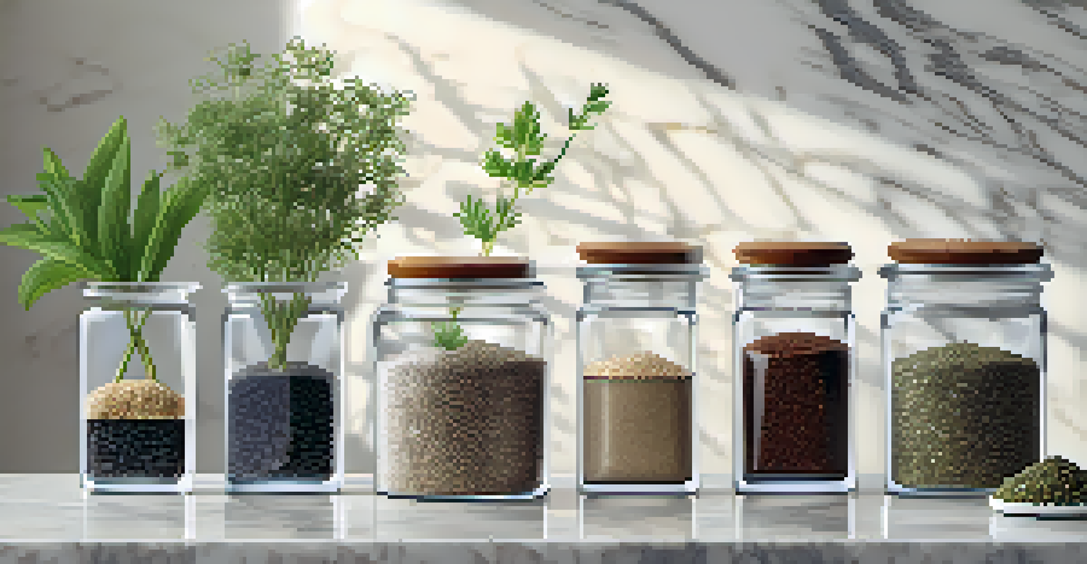 An arrangement of different seed types in glass containers on a marble countertop with fresh herbs.