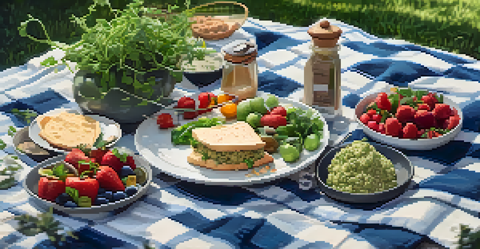 An outdoor picnic with a checkered blanket, showcasing an array of vegan dishes in a peaceful green setting.