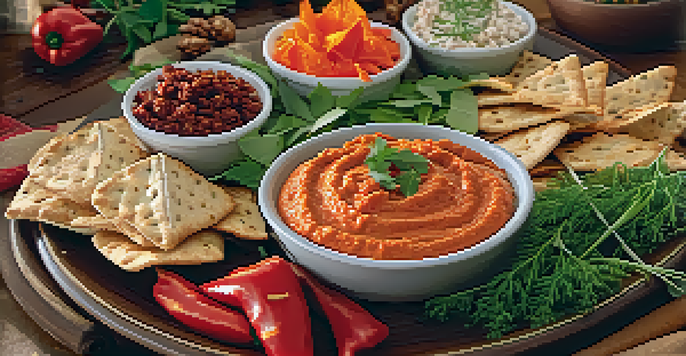 A colorful vegan appetizer platter with roasted red pepper dip and crispy pita chips, set on a festive table with warm lighting.