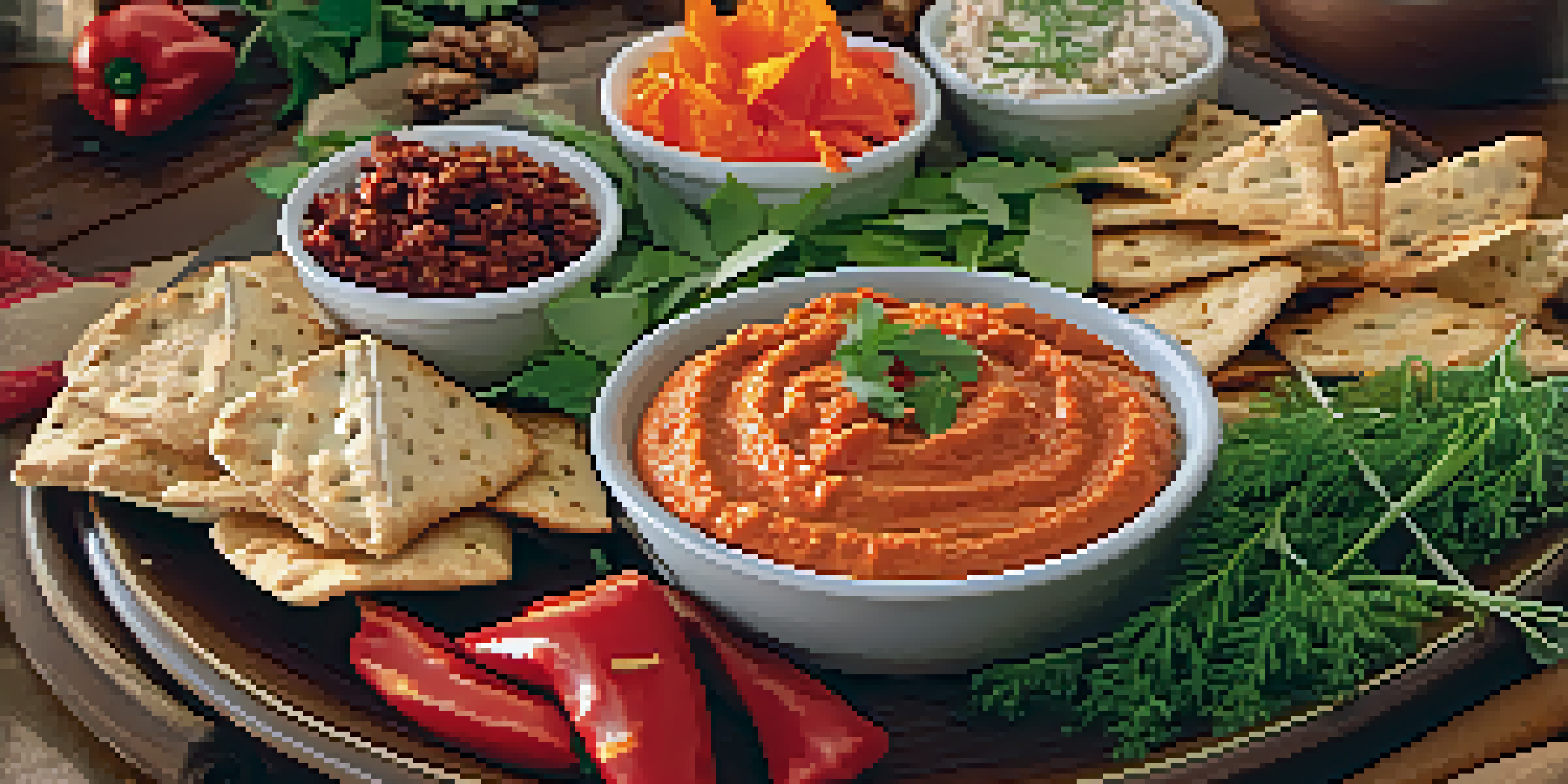 A colorful vegan appetizer platter with roasted red pepper dip and crispy pita chips, set on a festive table with warm lighting.