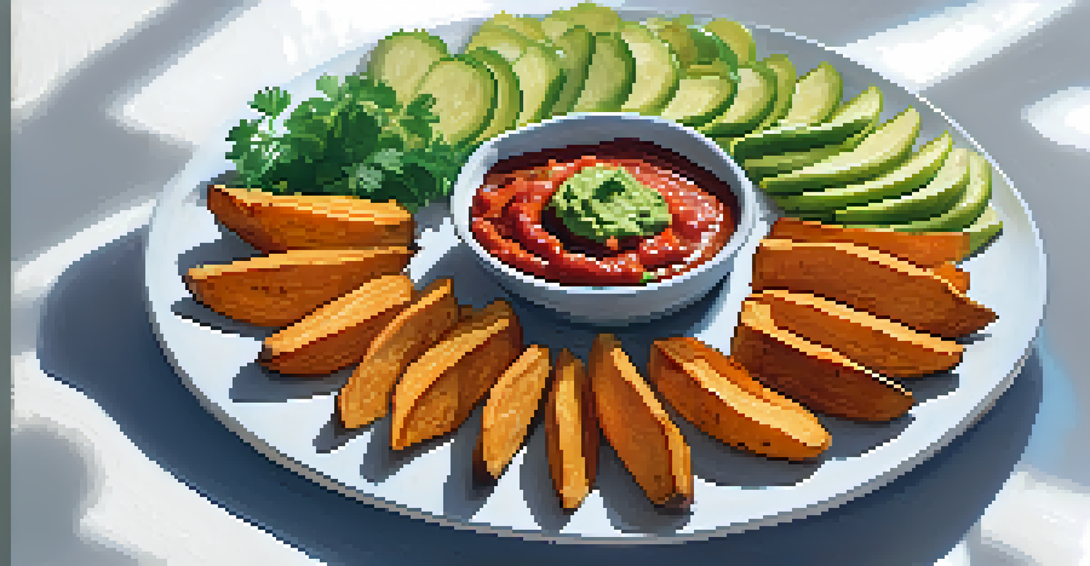 A colorful platter of crispy sweet potato bites with guacamole and salsa, surrounded by dips and fresh vegetables on a white tablecloth.