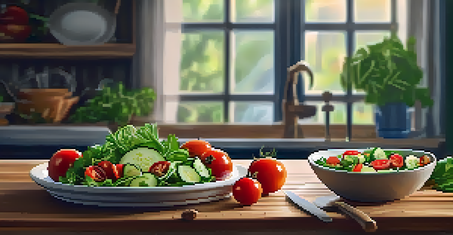 An artistic display of a vibrant vegan salad on a wooden table in a cozy kitchen.