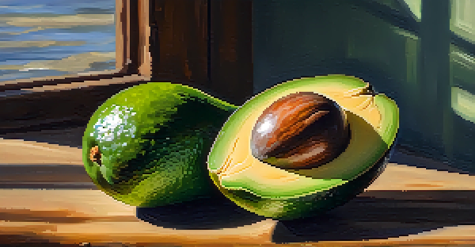 A close-up of a sliced avocado on a wooden table with sunlight highlighting its texture, surrounded by herbs and sea salt.