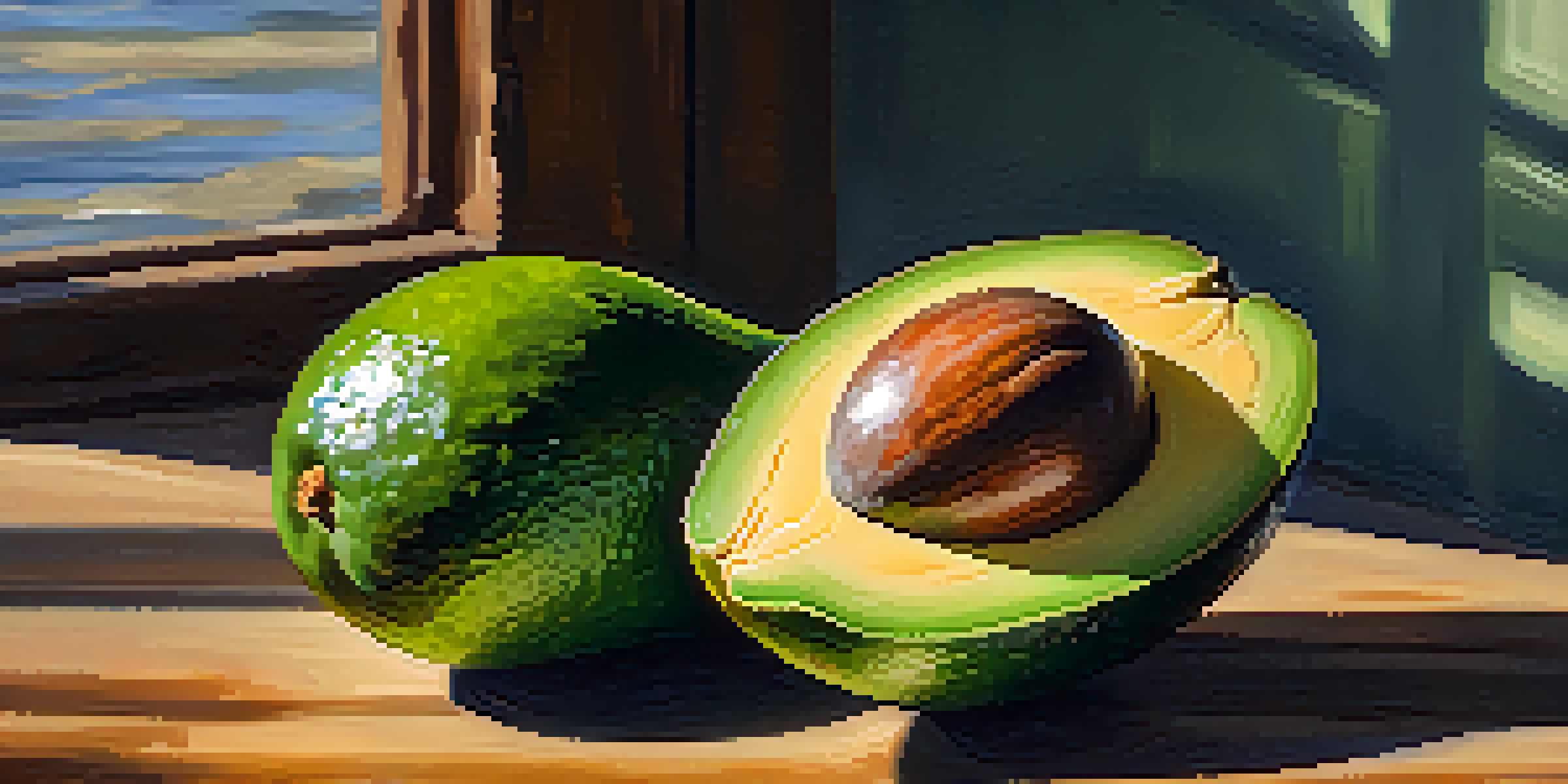 A close-up of a sliced avocado on a wooden table with sunlight highlighting its texture, surrounded by herbs and sea salt.
