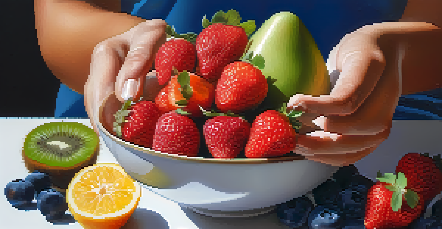 A close-up of hands holding a bowl filled with assorted seasonal fruits like strawberries and kiwi, with a blurred background.