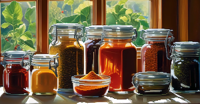 A bright kitchen countertop with colorful spices in jars and fresh vegetables in the background.