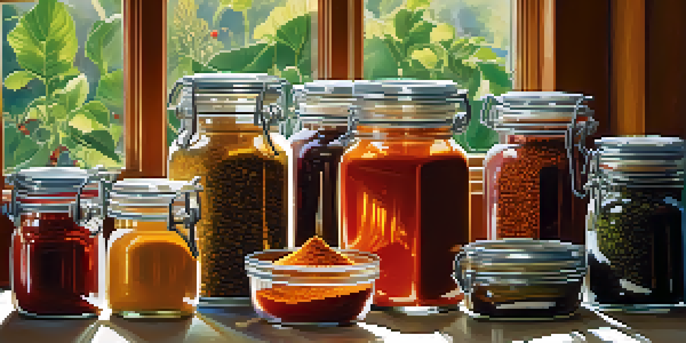A bright kitchen countertop with colorful spices in jars and fresh vegetables in the background.