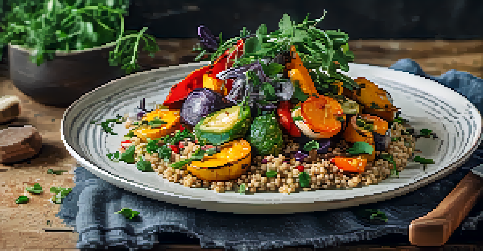 A close-up of a colorful plated vegan dish with roasted vegetables and quinoa, garnished with herbs.