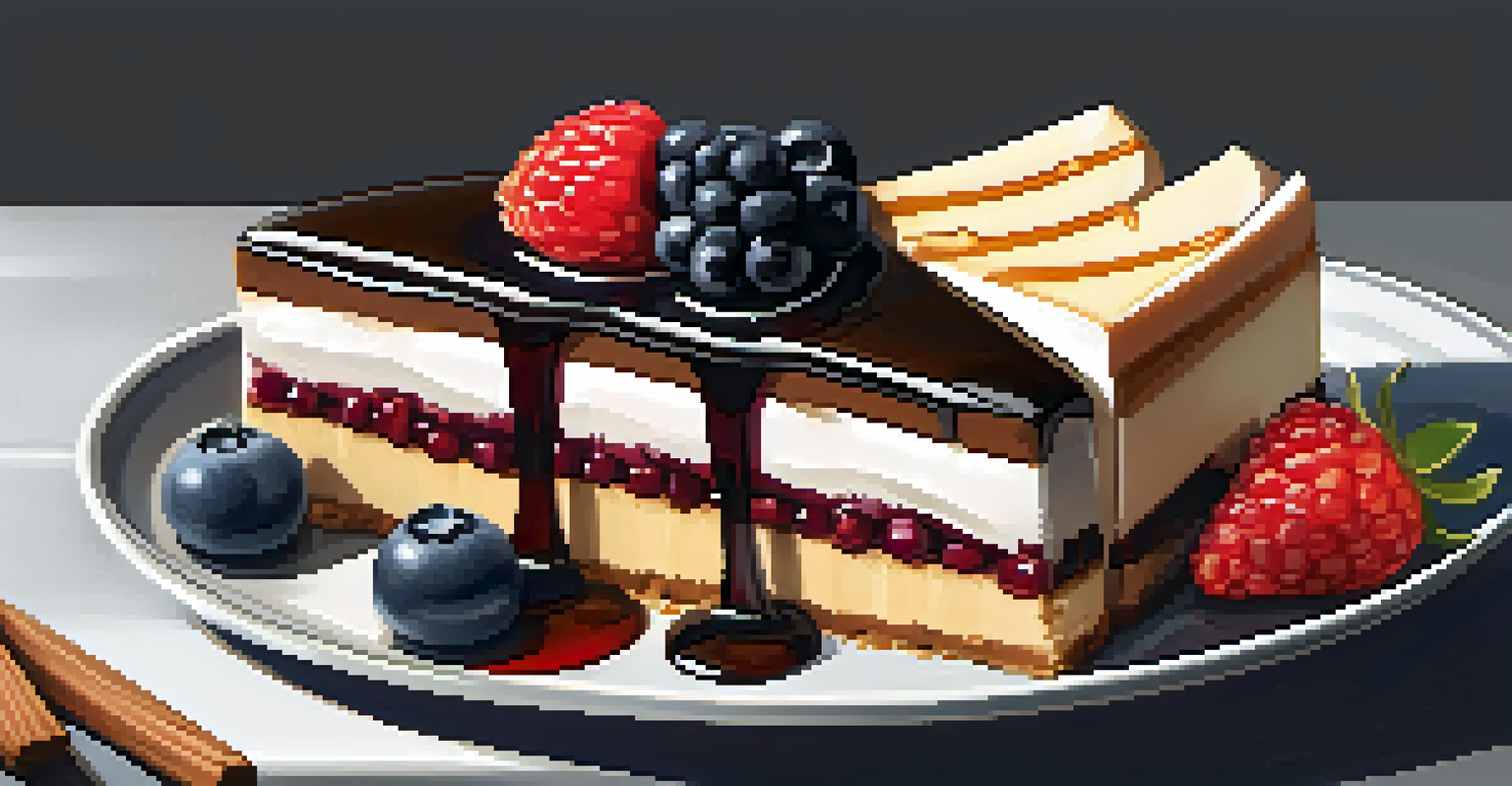 A vegan cheesecake dessert drizzled with maple syrup on a dark plate, topped with fresh berries, creating a warm and inviting presentation.