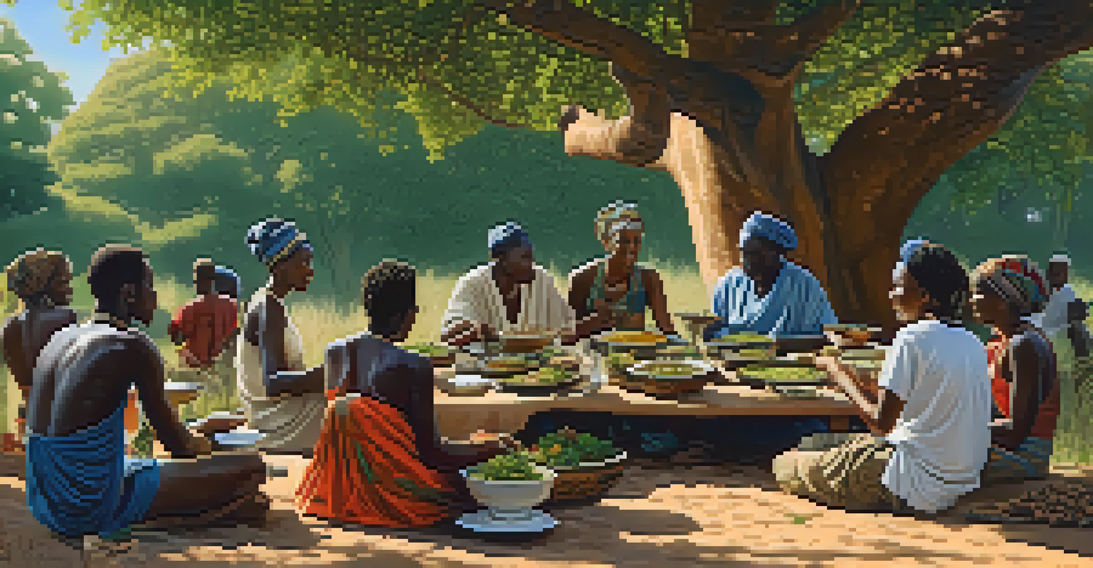 A communal meal outdoors in Africa, with people sharing vegan dishes under a large tree surrounded by greenery.