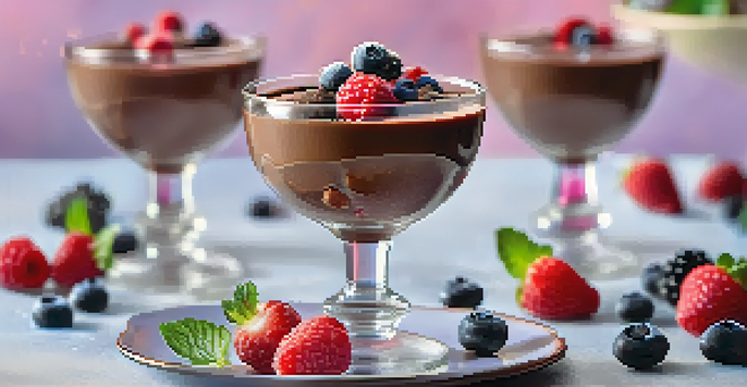 A rich vegan chocolate mousse in glassware, adorned with fresh berries and sea salt, creating a visually appealing dessert display.