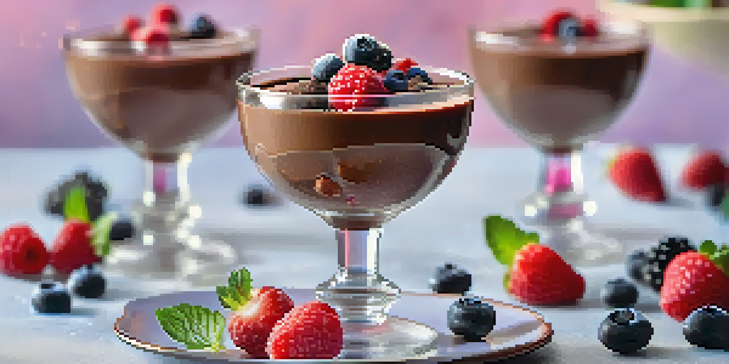 A rich vegan chocolate mousse in glassware, adorned with fresh berries and sea salt, creating a visually appealing dessert display.