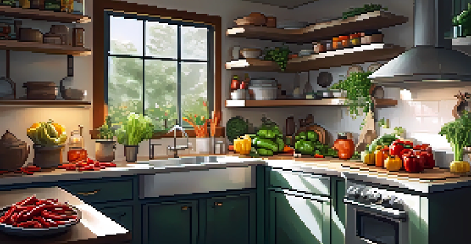 A small, well-organized kitchen with vibrant vegetables and a pot of vegan chili on the stove, illuminated by natural sunlight.