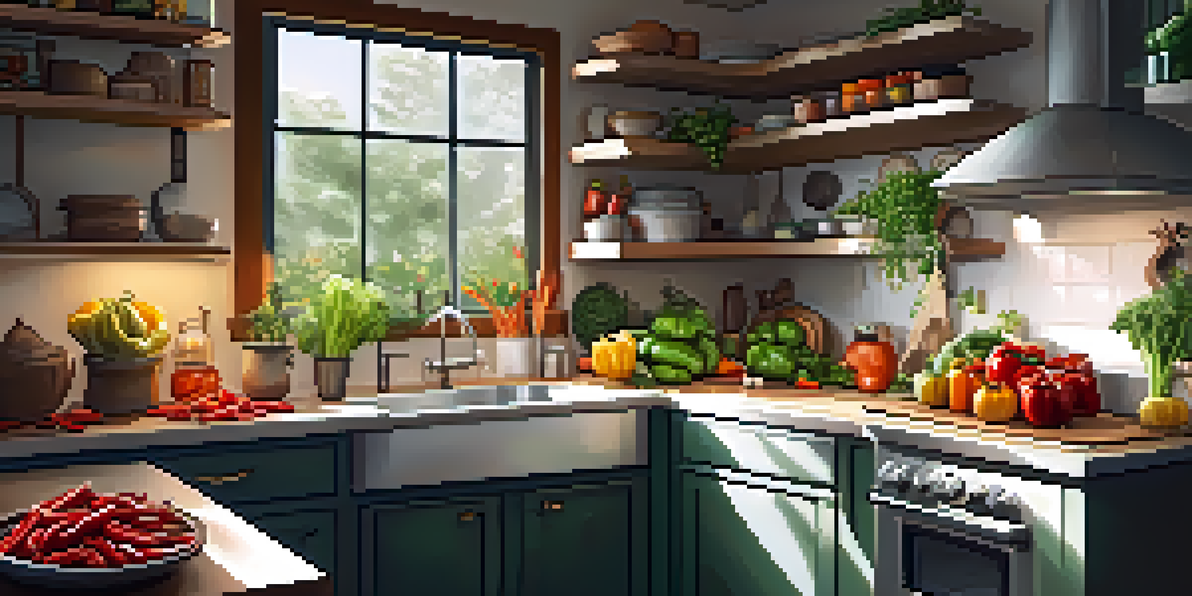 A small, well-organized kitchen with vibrant vegetables and a pot of vegan chili on the stove, illuminated by natural sunlight.