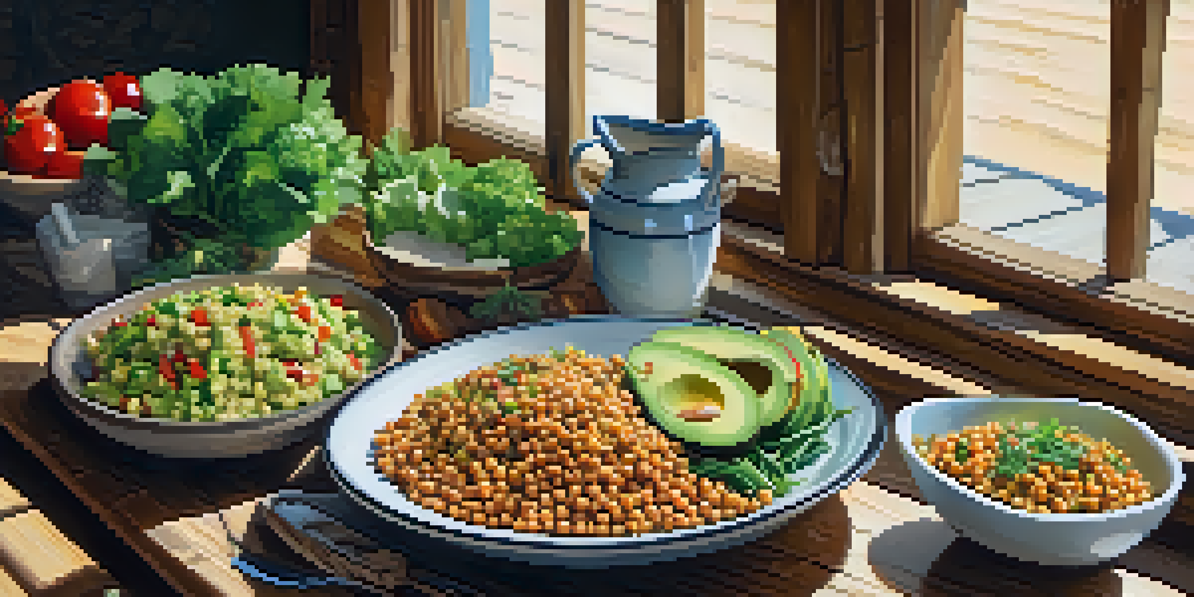 A colorful vegan meal spread on a wooden table, showcasing a quinoa salad with chickpeas and sliced avocado.