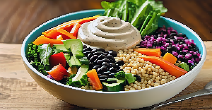 A colorful Buddha bowl filled with healthy ingredients including quinoa, black beans, and fresh vegetables, topped with tahini dressing.