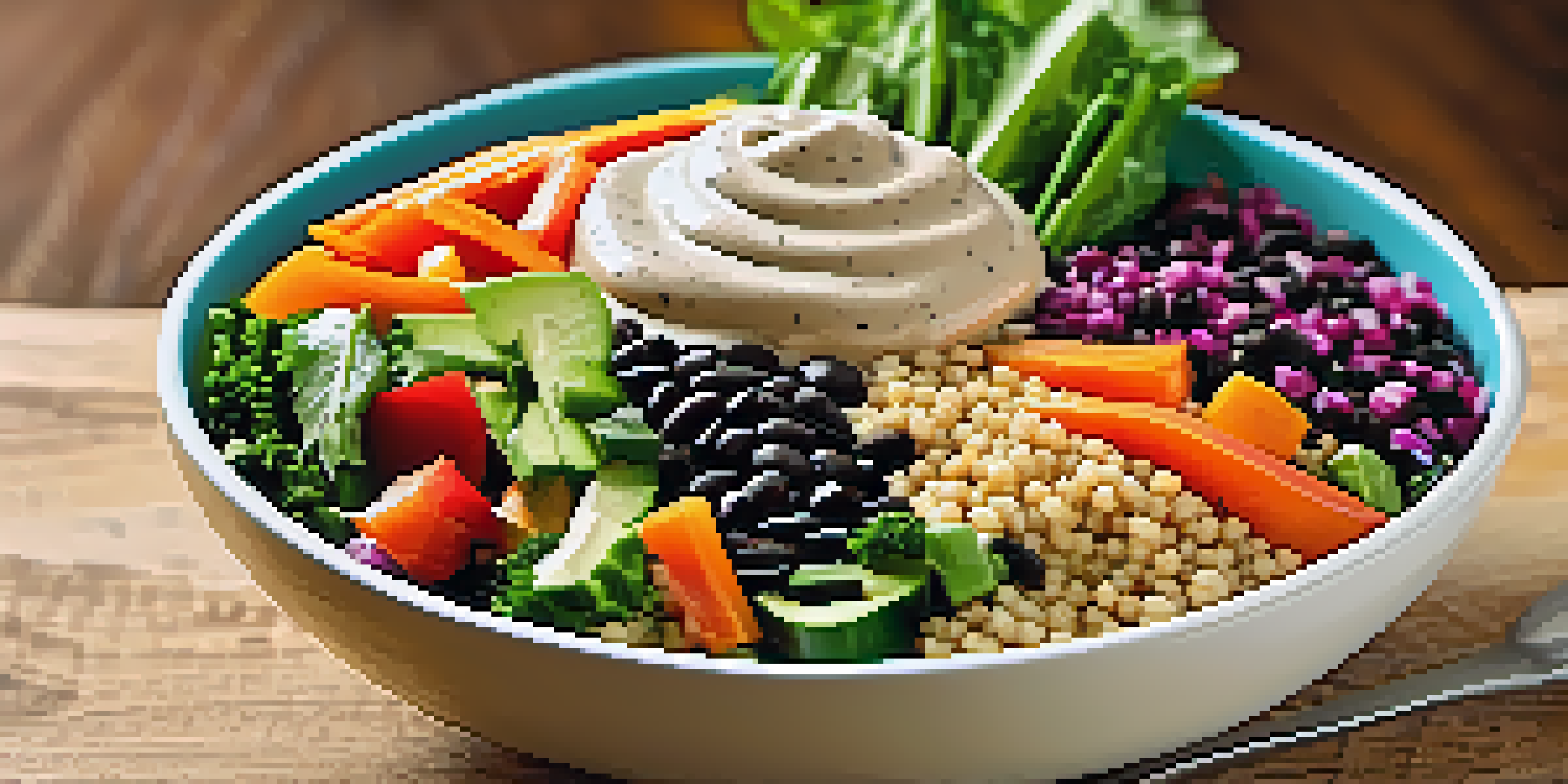 A colorful Buddha bowl filled with healthy ingredients including quinoa, black beans, and fresh vegetables, topped with tahini dressing.