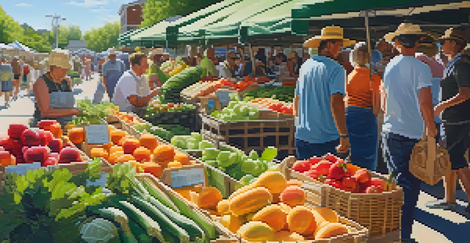 A lively farmers' market with colorful fruits and vegetables under sunlight, shoppers with reusable bags.