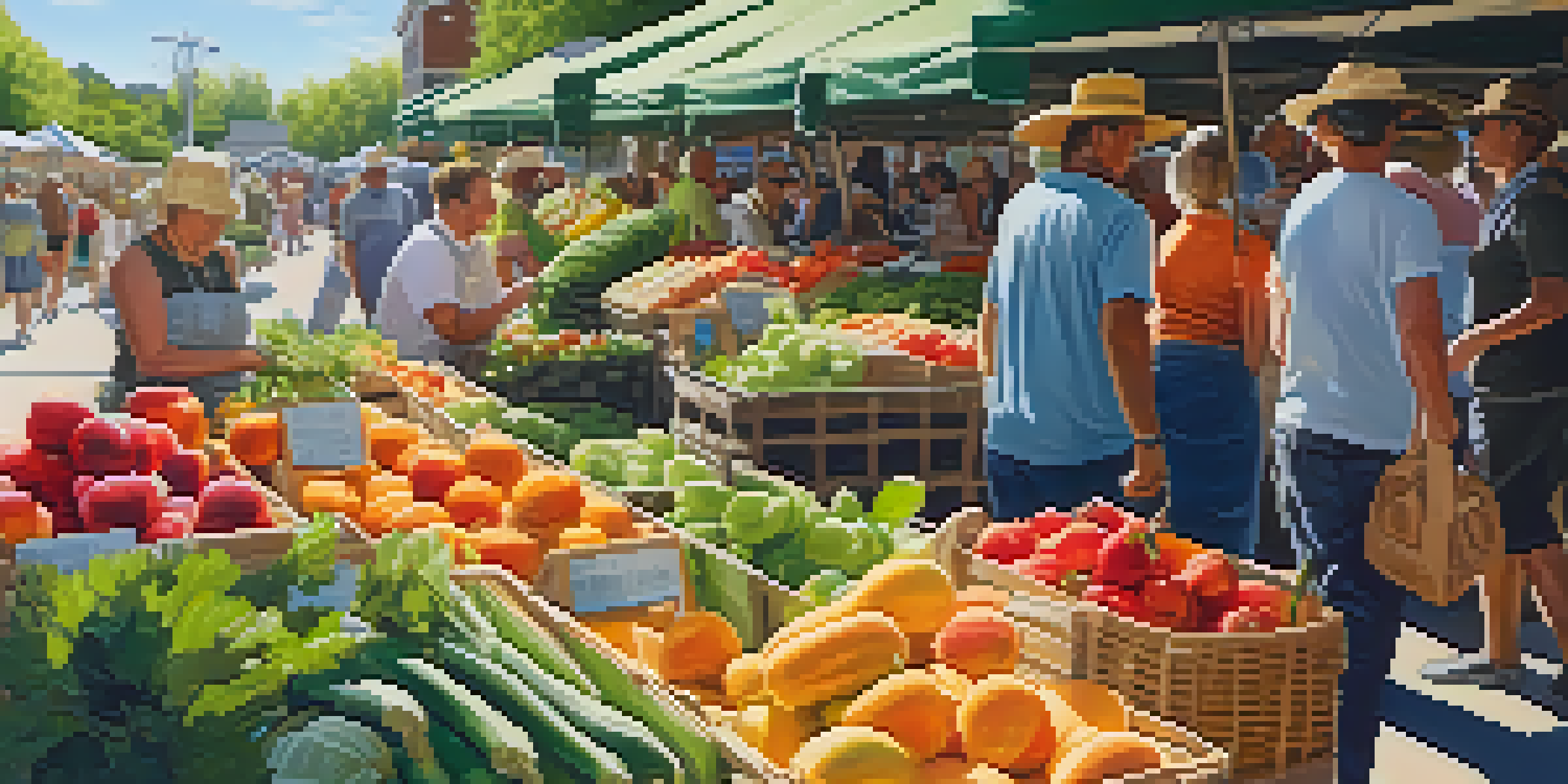 A lively farmers' market with colorful fruits and vegetables under sunlight, shoppers with reusable bags.