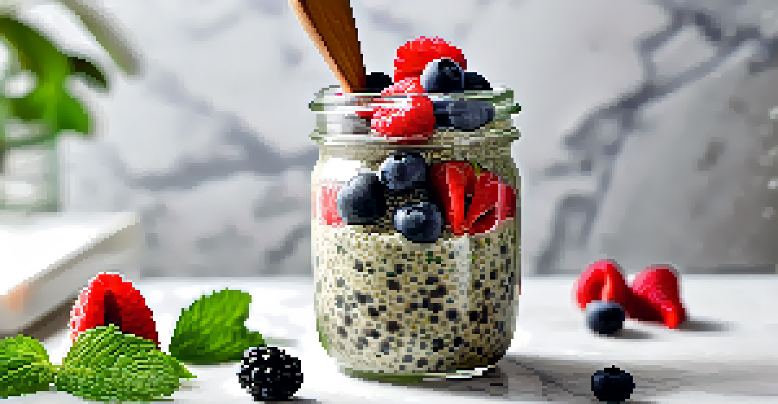 A glass jar of chia seed pudding topped with berries and hemp seeds, placed on a marble countertop with a wooden spoon next to it.