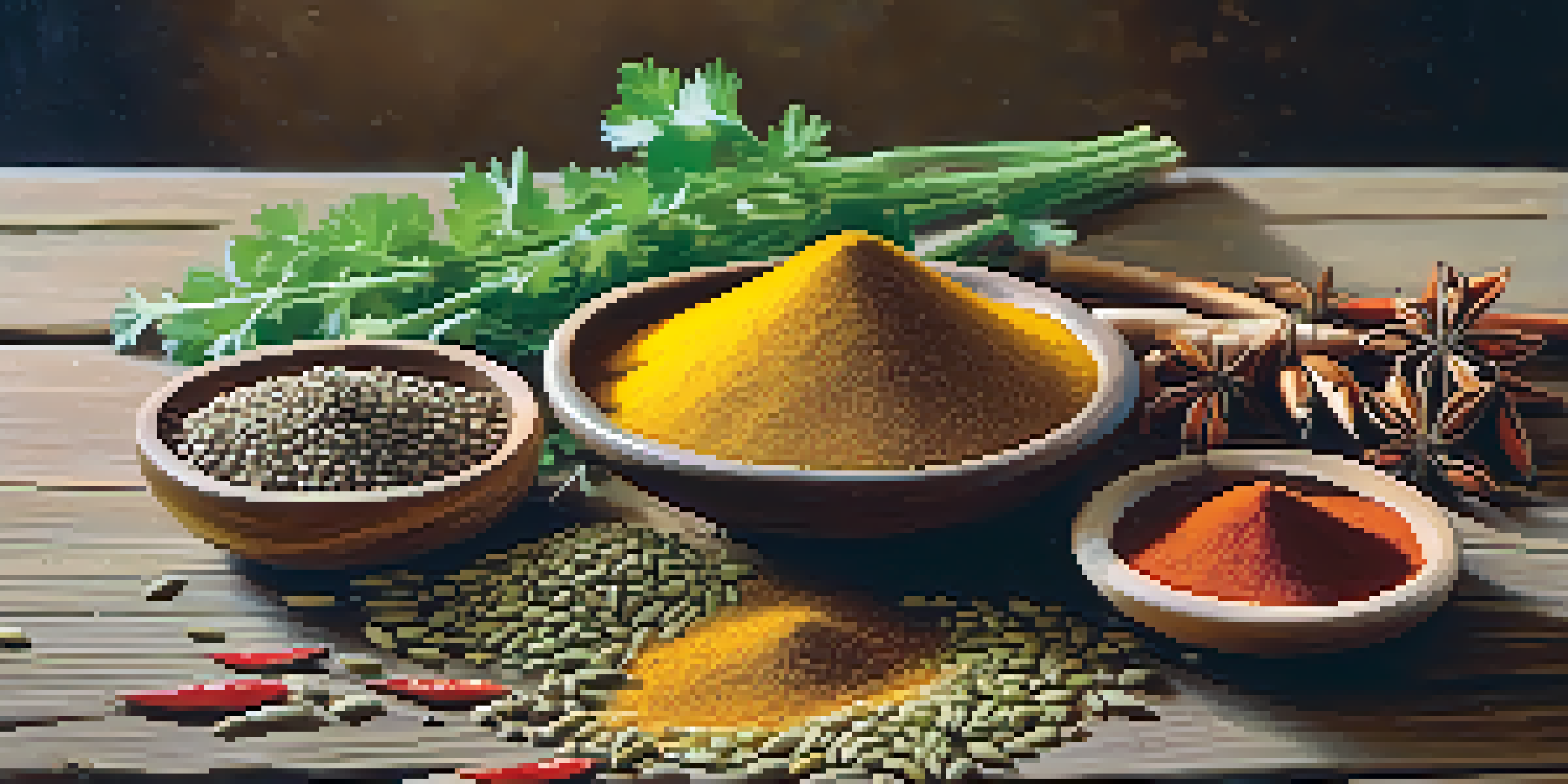 A still life with whole cumin seeds, ground cumin powder, fresh herbs, and colorful spices on a wooden table, illuminated by soft natural light.