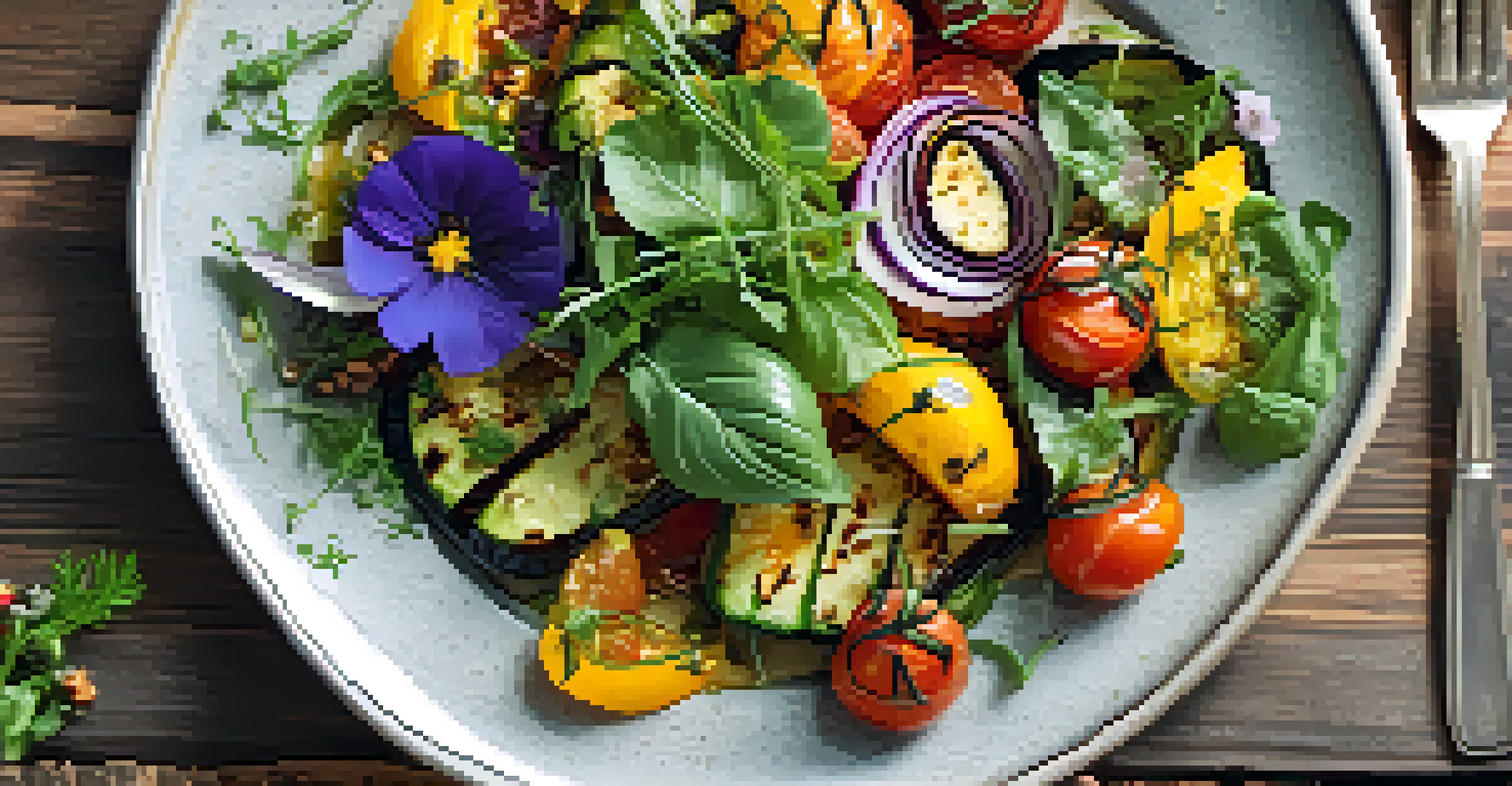 A plate of vibrant seasonal vegan dishes with grilled zucchini and heirloom tomatoes, beautifully presented on a rustic table.