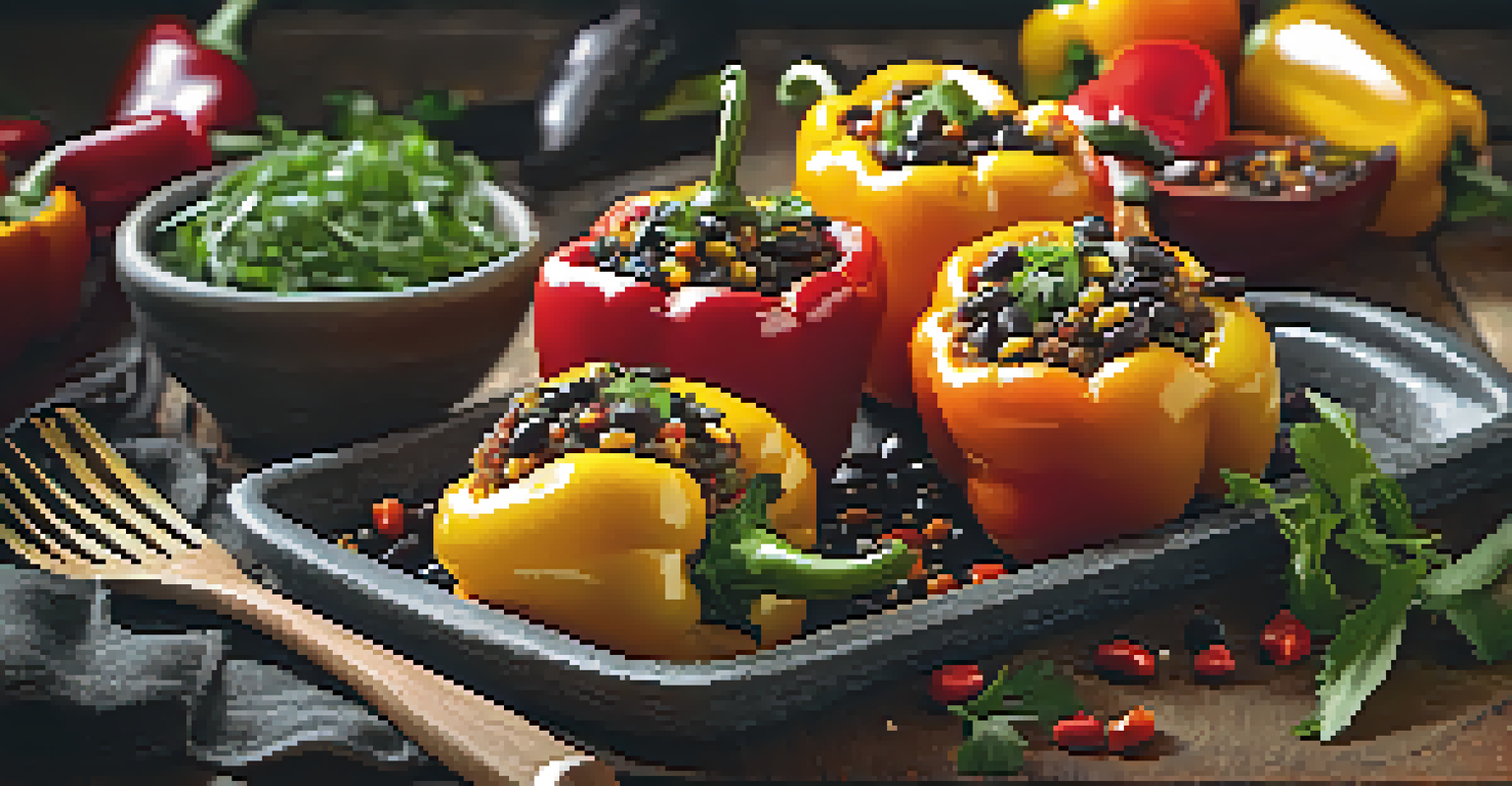 Adorable stuffed mini peppers filled with quinoa and black beans, displayed on a rustic slate board.
