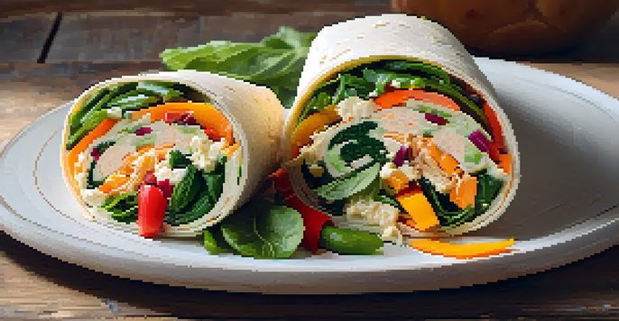 A colorful vegan wrap filled with fresh vegetables and hummus on a wooden table, illuminated by natural light.