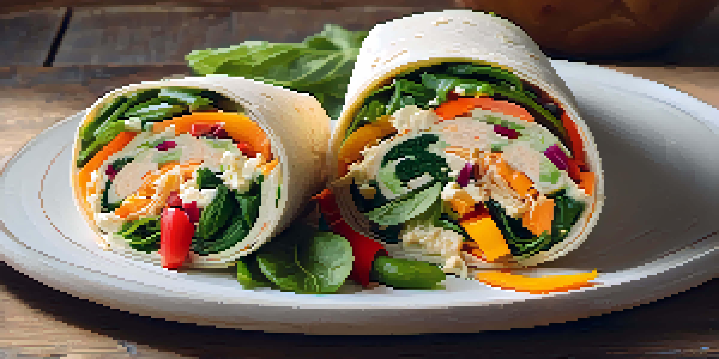 A colorful vegan wrap filled with fresh vegetables and hummus on a wooden table, illuminated by natural light.