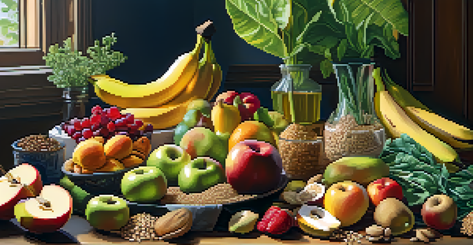 A colorful arrangement of fruits, vegetables, whole grains, and nuts on a wooden table illuminated by natural sunlight.