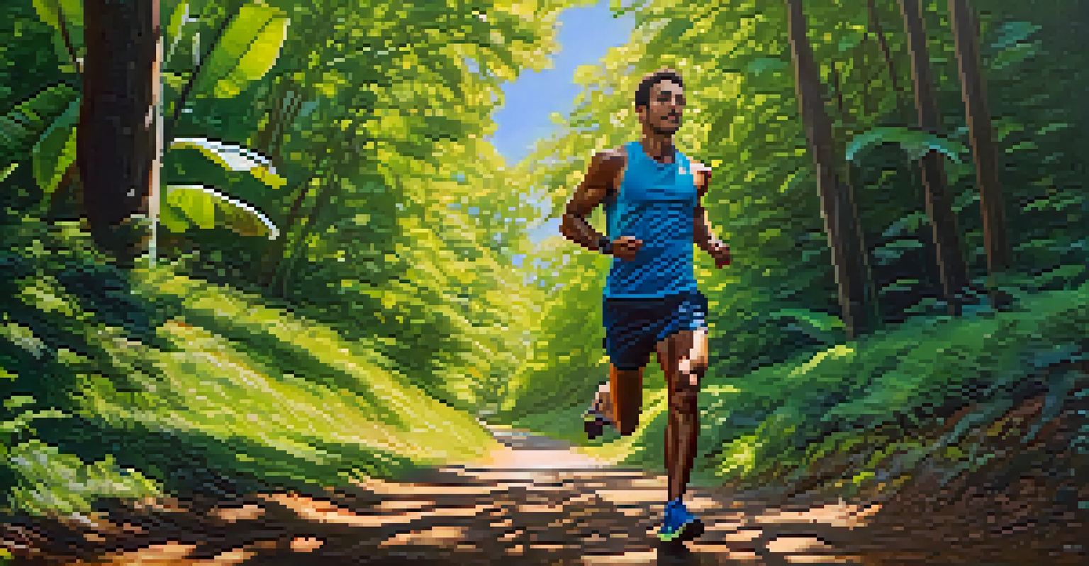 A running athlete on a scenic trail, holding a banana, with sunlight filtering through the trees.