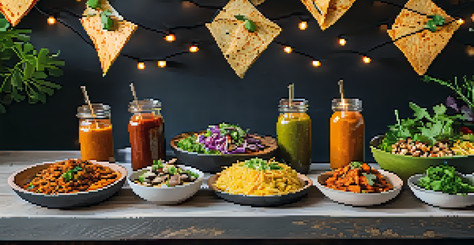 A colorful taco bar with various vegan fillings and fresh toppings, illuminated by warm string lights.