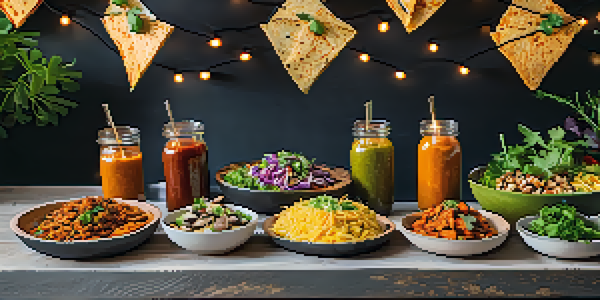 A colorful taco bar with various vegan fillings and fresh toppings, illuminated by warm string lights.