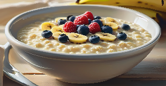 A bowl of creamy millet porridge topped with fresh berries and banana slices, with a drizzle of maple syrup on a rustic wooden table.