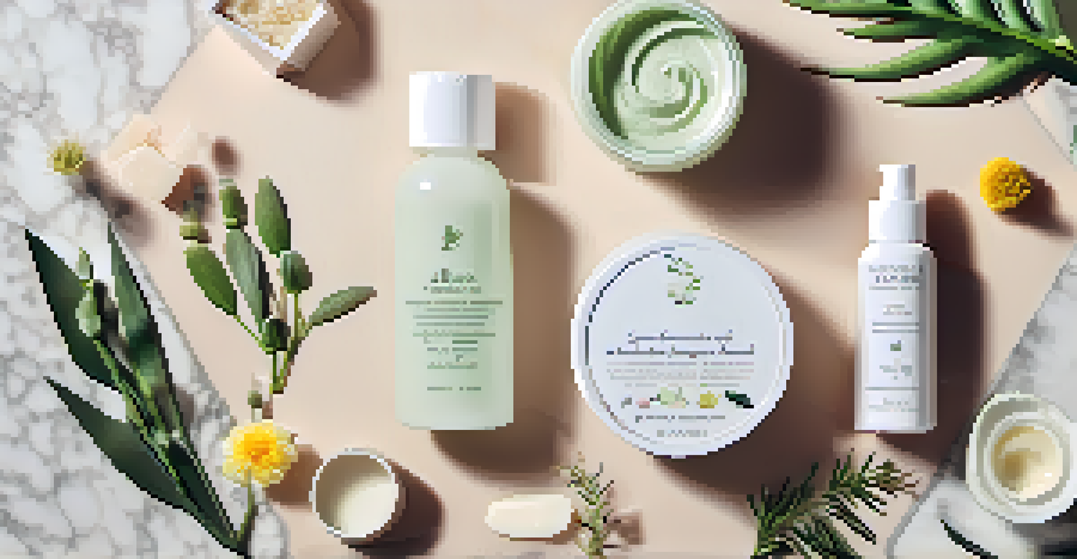 A flat lay of vegan skincare products on a marble surface, surrounded by fresh herbs and flowers.