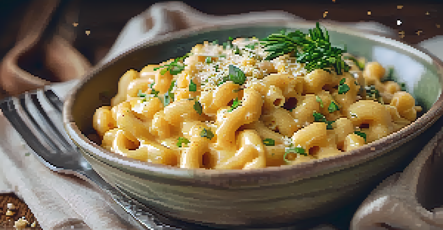 A close-up of creamy vegan mac and cheese topped with nutritional yeast, served on a rustic table.