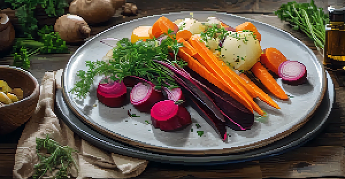 A colorful plate of sous vide vegetables including carrots, potatoes, and beets, garnished with herbs and olive oil on a rustic wooden table.