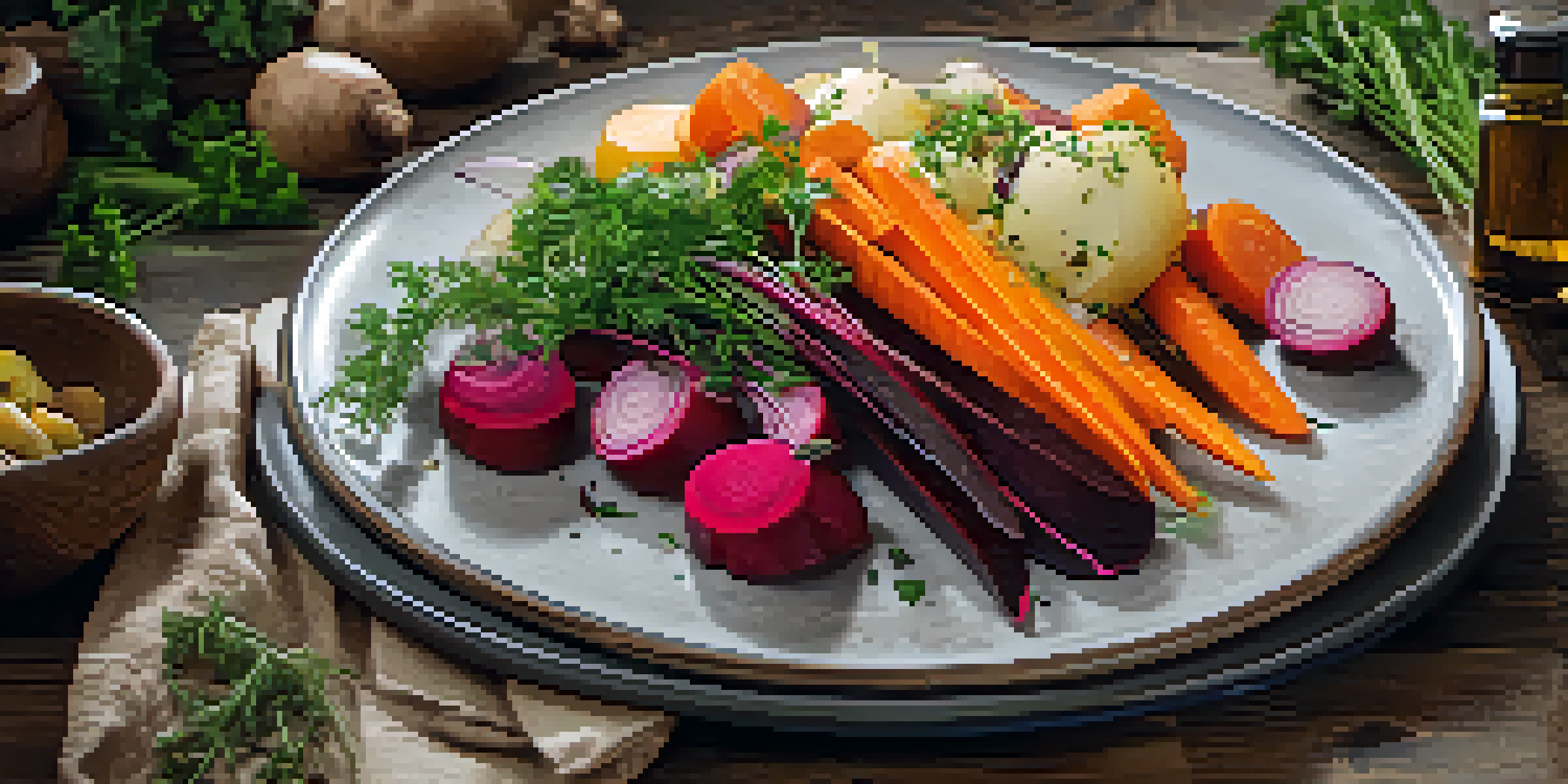 A colorful plate of sous vide vegetables including carrots, potatoes, and beets, garnished with herbs and olive oil on a rustic wooden table.
