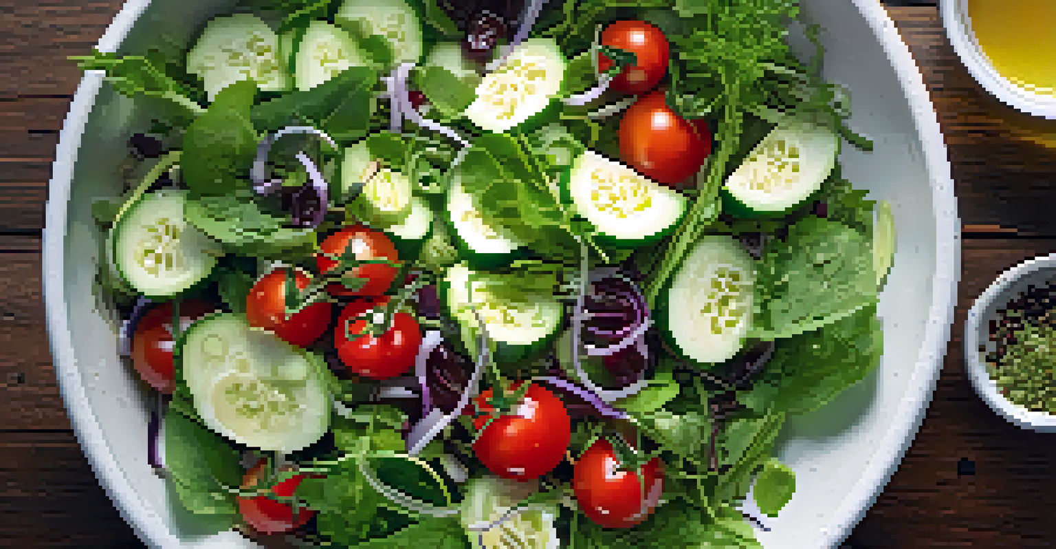 An overhead view of a colorful salad with mixed greens, cherry tomatoes, and cucumbers, drizzled with dressing, alongside a bottle of canola oil.