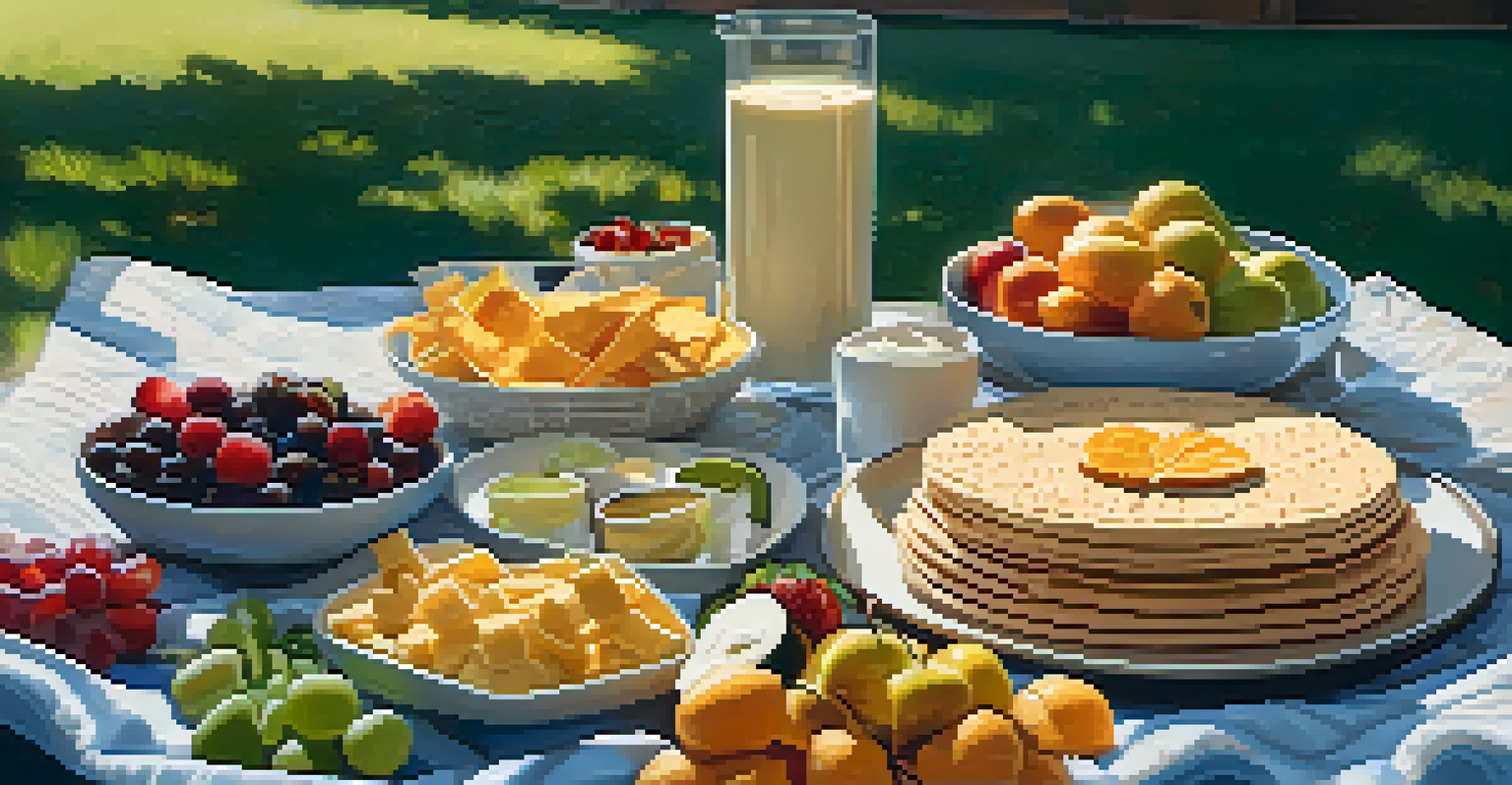 An outdoor picnic setup with a blanket featuring vegan snacks like hummus, veggie sticks, and fruit, illuminated by golden hour sunlight.